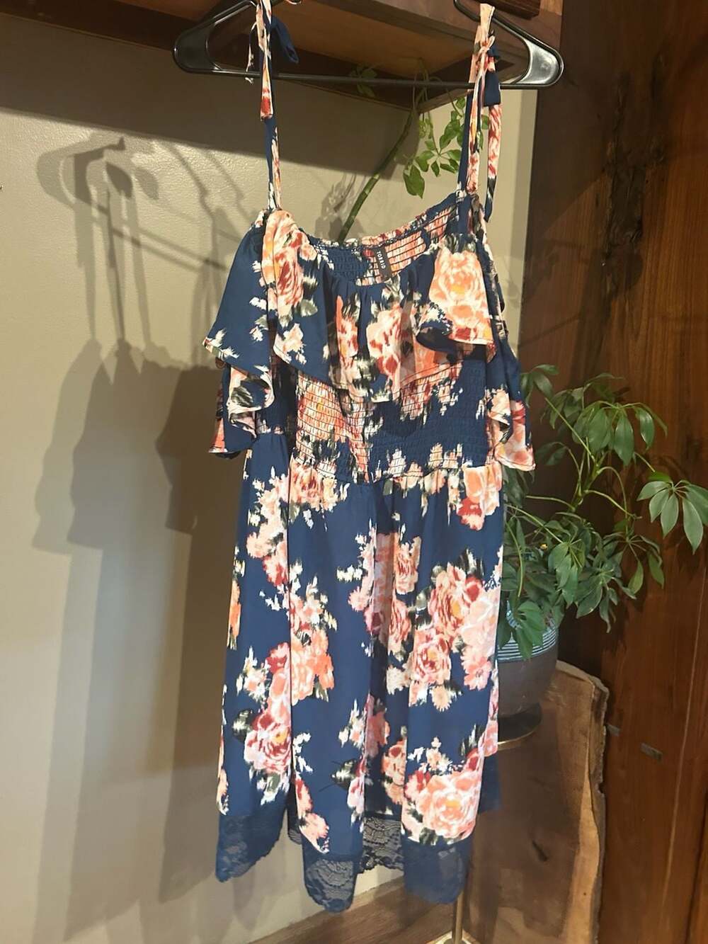 Torid Floral Print Cold Shoulder Ruffle Dress Navy Blue